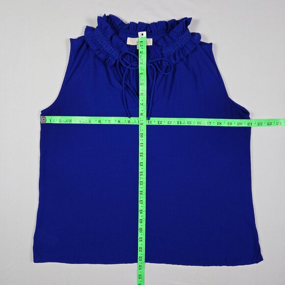 LOFT Royal‎ Blue Ruffle Tie Neck Sleeveless Blouse Romantic Feminine Sz M - Picture 10 of 11